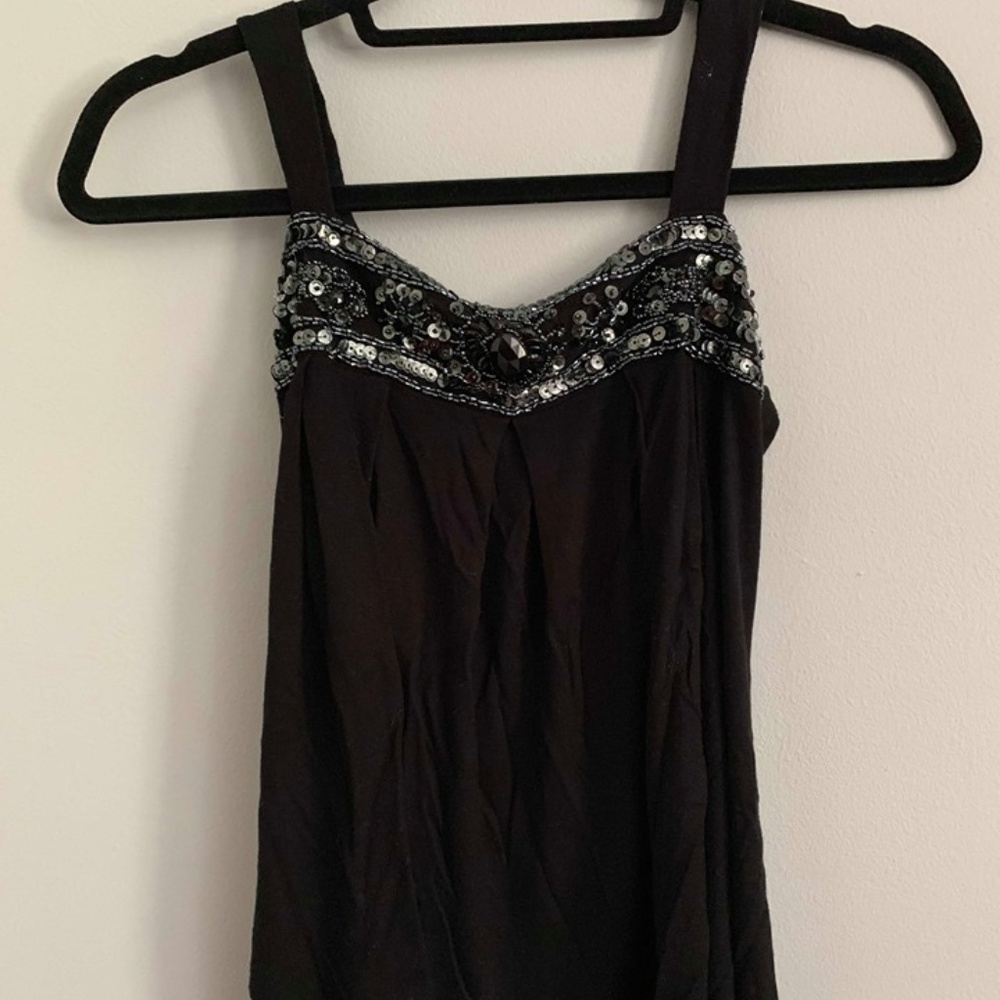 Black Body Central Tank Top with Jeweled Neckline